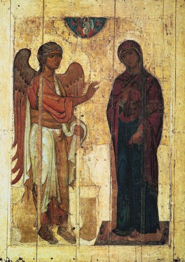 5-Устюжское Благовещение, Новгородская икона, вторая четверть XII век, Государственная Третьяковская Галерея